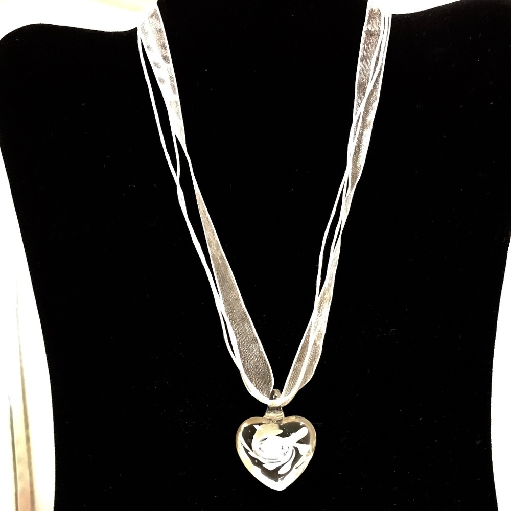 White Ribbon/Corded Necklace with Glass Heart